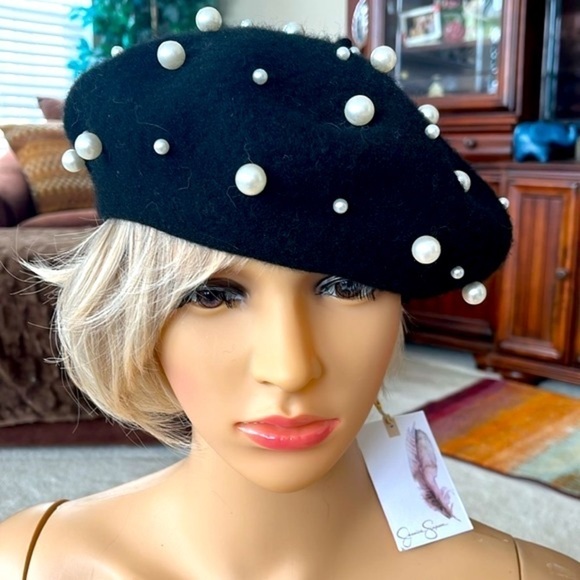 Brand New Jessica Simpson Black Wool French Beret w/ Faux Pearl Accents Beaded - Picture 2 of 15